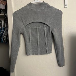 Gray cropped mock neck key hole top